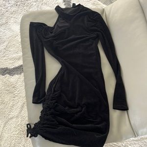 Shein black textured adjustable tie open cut side one shoulder long sleeve dress